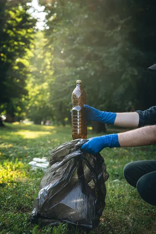 Closeup of a plastic bottle in a male hand cleaning up nature